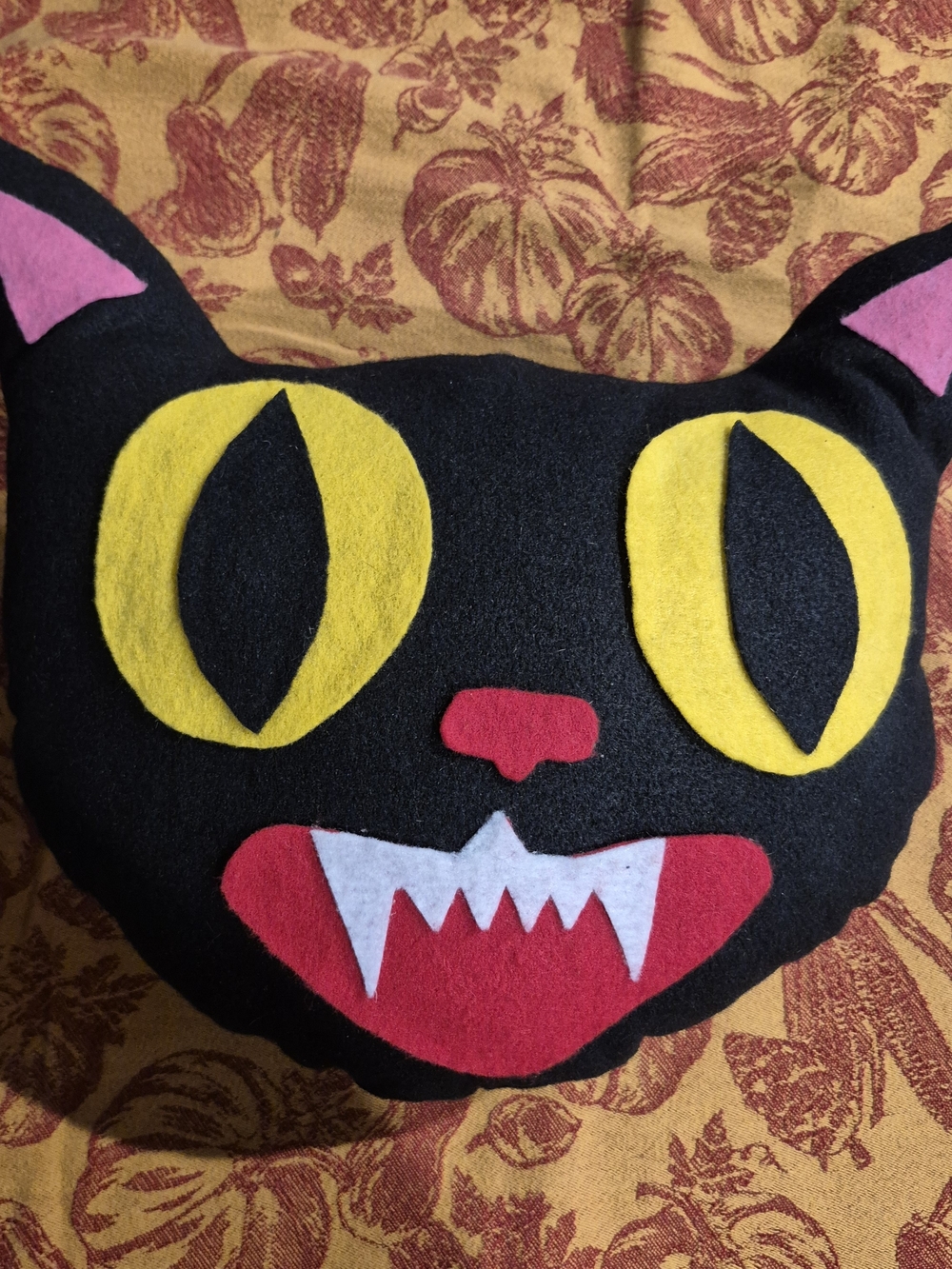 Handmade Black Cat Accent Pillow with Yellow Eyes and Pink Accents